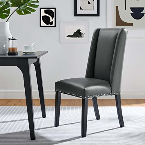 Modway Baron Modern Tall Back Wood Vegan Leather Upholstered Two Dining Chairs in Gray