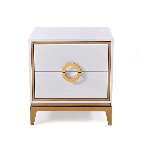 SJYDQ Bedside Table with Double Drawer Design, Stainless Steel Metal Plating Frame Simple Bedside Table, White