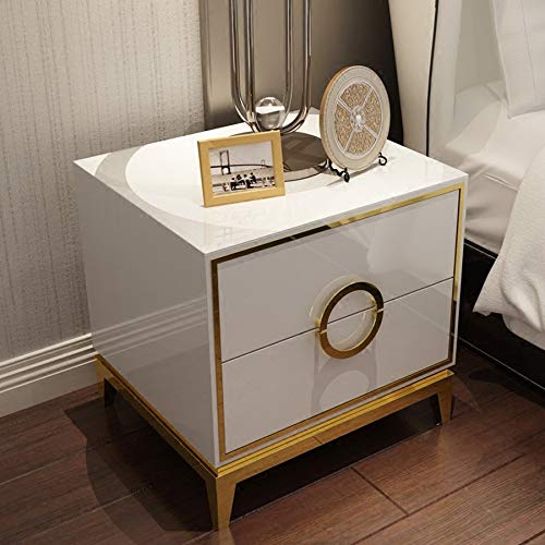 SJYDQ Bedside Table with Double Drawer Design, Stainless Steel Metal Plating Frame Simple Bedside Table, White