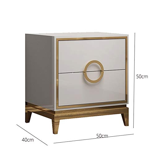 SJYDQ Bedside Table with Double Drawer Design, Stainless Steel Metal Plating Frame Simple Bedside Table, White
