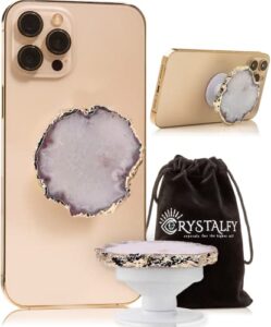 crystalfy rutilated clear quartz crystal phone grip & phone stand: authentic natural gemstone swappable top, expandable collapsible holder for smartphones and tablets