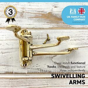 Three-Way Folding Coat Hook | Polished Brass Finish | | Wall Mounted for Bathroom Kitchen Bedroom | Captains Hook | independently swivelling arms | Versatile and Elegant