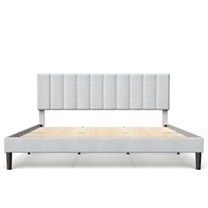 BONSOIR King Size Bed Frame Modern Vertical Panel Upholstered Low Profile Platform with Tufted Headboard/No Box Spring Needed/No Bed Skirt Needed/Linen Fabric Upholstery/Light Grey