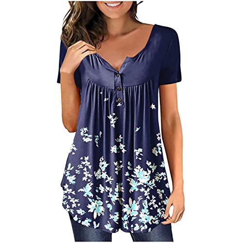 SXAURA Womens Tunic Top for Legging Short-Sleeved Shirt Botton Plus Size Henley Floral Print Graphic V-Neck Ruched Blouse Clothes 2022 Going Out Soft Pullover Navy 4XL