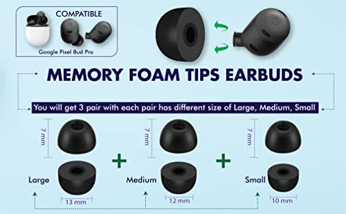 3X Pair Memory Foam Comfort Eartip Ear Bud Replacement For Google Pixel Buds Pro,Anti-Slip Ear Tip For Google True Wireless Earphone,Noise Cancellation,Soft Earbuds memory Foam Tip (Size: Mixed L/M/S)