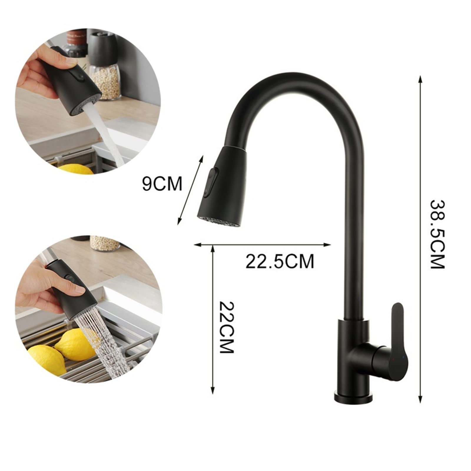 JEMITA Brushed Nickel Kitchen Faucet Single Hole Pull Out Spout Kitchen Sink Mixer Tap Stream Sprayer Head Chrome/Black Mixer Tap (Color : Black)