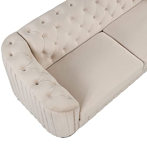 kevinplus 64'' Loveseat Chesterfield Sofa Couch for Living Room, Velvet Modern 2-Seat Tufted Upholstered Small Sofa Couch with Thick Removable Seat Cushion for Apartment Bedroom, Wooden Legs, Beige