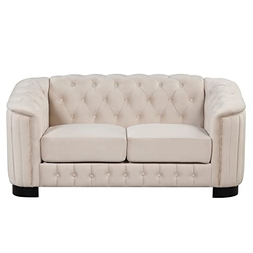 kevinplus 64'' Loveseat Chesterfield Sofa Couch for Living Room, Velvet Modern 2-Seat Tufted Upholstered Small Sofa Couch with Thick Removable Seat Cushion for Apartment Bedroom, Wooden Legs, Beige