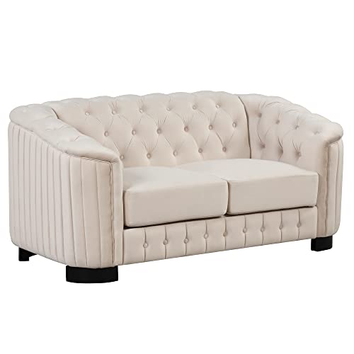 kevinplus 64'' Loveseat Chesterfield Sofa Couch for Living Room, Velvet Modern 2-Seat Tufted Upholstered Small Sofa Couch with Thick Removable Seat Cushion for Apartment Bedroom, Wooden Legs, Beige