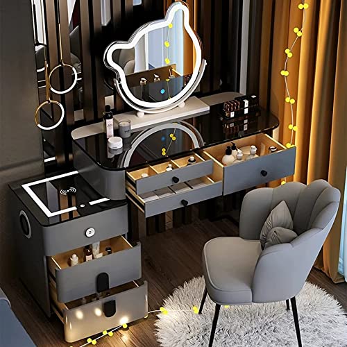 ZGNBSD Vanity Desk - Makeup Vanity with Bluetooth Speaker and Wireless Charging Station, Includes Cute Vanity Mirror and Seat, Vanity with 5 Drawers, Solid Wood, for Her (Grey)