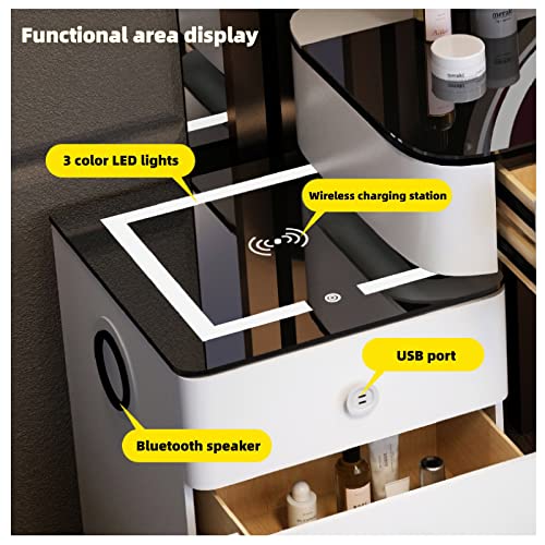 ZGNBSD Vanity Desk - Makeup Vanity with Bluetooth Speaker and Wireless Charging Station, Includes Cute Vanity Mirror and Seat, Vanity with 5 Drawers, Solid Wood, for Her (Grey)