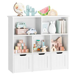 fotosok toy storage organizer with 3 movable drawers, floor storage cabinet toy chest with hidden wheels and 5 storage cubbies, multifunctional storage chest for nursery, playroom and bedroom, white