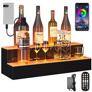 yitahome led lighted liquor bottle display shelf 2-step 24-inch supports usb & power bank, bar alcohol shelf for home counter party, acrylic mounted whiskey rack stand with remote & app control