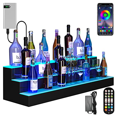 YITAHOME LED Lighted Liquor Bottle Display Shelf Supports USB & Power Bank, 3-Step 40-inch Bar Liquor Alcohol Shelf for Home Decoration Counter Party, Acrylic Whiskey Rack Stand with Remote & App Control