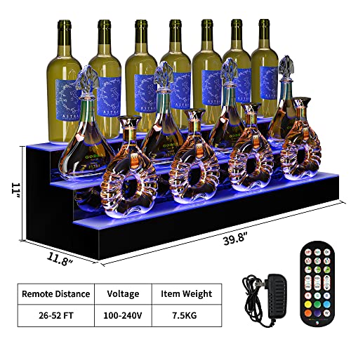 YITAHOME LED Lighted Liquor Bottle Display Shelf Supports USB & Power Bank, 3-Step 40-inch Bar Liquor Alcohol Shelf for Home Decoration Counter Party, Acrylic Whiskey Rack Stand with Remote & App Control