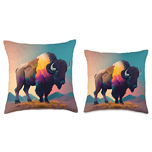 Buffalo Bison Watercolor Art Paint Buffalo Shirt American Bison Western Watercolor Throw Pillow, 16x16, Multicolor