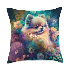 pomeranian gifts pomeranian puppy colorful watercolor flowers splash throw pillow, 18x18, multicolor