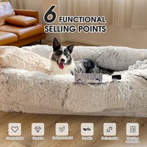 YAEM Human Dog Bed, 71"x45"x12" Dog Beds for Humans Size Fits You and Pets, Washable Faux Fur Human Dog Bed for People Doze Off, Napping Orthopedic Dog Bed, Present Plump Pillow, Blanket, Strap-Grey