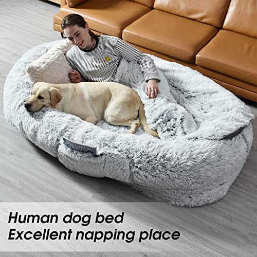 YAEM Human Dog Bed, 71"x45"x12" Dog Beds for Humans Size Fits You and Pets, Washable Faux Fur Human Dog Bed for People Doze Off, Napping Orthopedic Dog Bed, Present Plump Pillow, Blanket, Strap-Grey