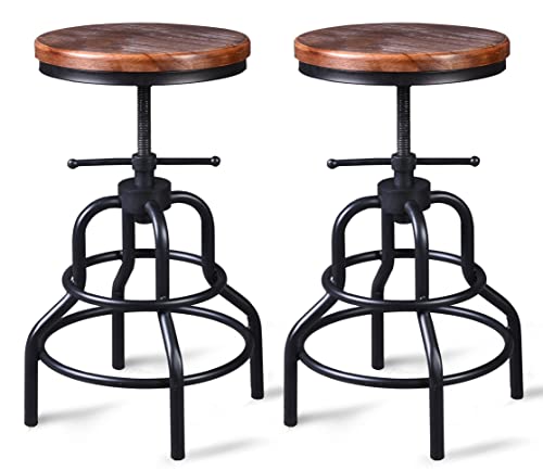 LOKKHAN 3-Piece Crank Handle Bar Table (33.5"-39.4") & 2 Stools (20"-27") Set for Pub Kitchen Dining Living Party Bistro Breakfast, Industrial Adjustable Swivel Pine Top,Most Weld, Space-Saving