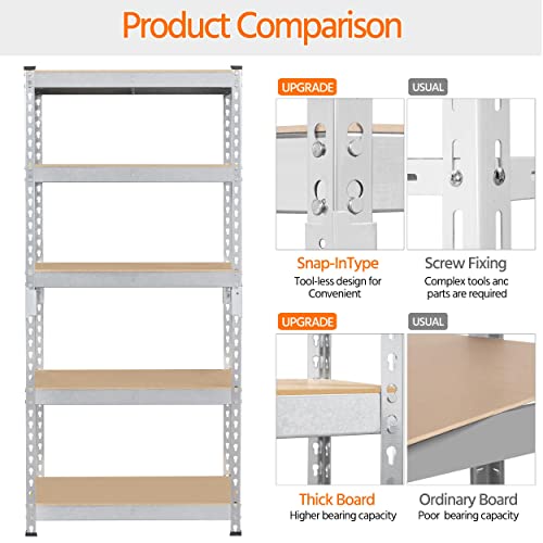 Topeakmart 4 PCS 5-Tier Utility Shelves, Metal Storage Shelves Garage Shelving Unit Adjustable Garage Storage Shelves Storage Racks Heavy Duty Shed Shelving- Silver, 27.5 x 12 x 60 Inch