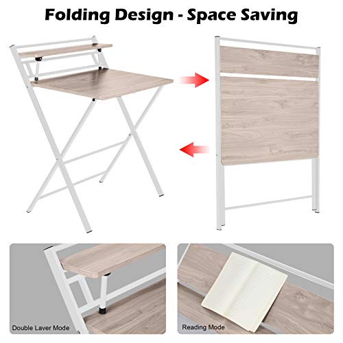 Wdminyy Folding Desk for Small Space Computer 2 Tier Foldable Table with Shelf,Metal Frame,Wood Top Laptop Table for Home Office Study Desk Workstation,Kids Desk,No Assembly Needed,31.5" x 19.7"