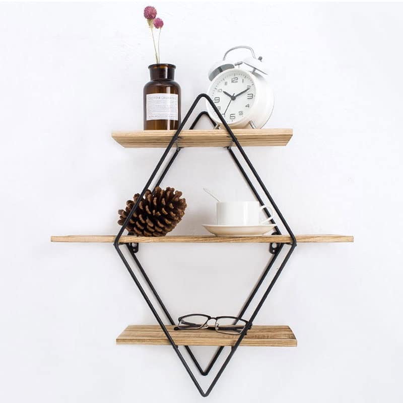 TJLSS Living Room Bedroom Metal Wall Shelf Racks Wrought Iron Wall Hanging Wooden Wall Storage Rack Creative Wall Partition