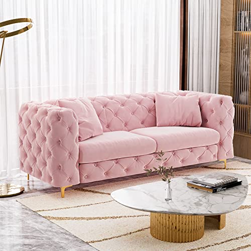 DAMAIFROM 79 Inch Sofa Couch Modern Velour Upholstered Couch Contemporary Tufted Velvet Casual Sofa High Arm and Metal Gold Legs Decor with 2 Piilows Big Comfy Couch Sofas for Living Room(Pink)