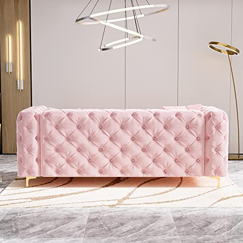 DAMAIFROM 79 Inch Sofa Couch Modern Velour Upholstered Couch Contemporary Tufted Velvet Casual Sofa High Arm and Metal Gold Legs Decor with 2 Piilows Big Comfy Couch Sofas for Living Room(Pink)