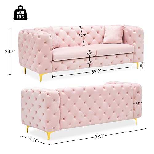 DAMAIFROM 79 Inch Sofa Couch Modern Velour Upholstered Couch Contemporary Tufted Velvet Casual Sofa High Arm and Metal Gold Legs Decor with 2 Piilows Big Comfy Couch Sofas for Living Room(Pink)