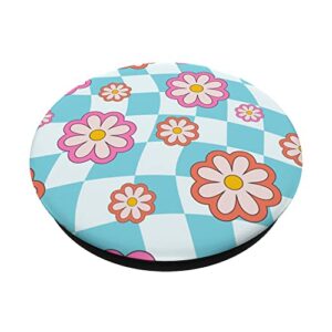 Retro Groovy Flower Hippie Daisy 60s Turquoise Checker PopSockets Swappable PopGrip
