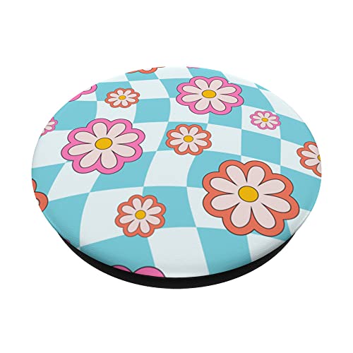 Retro Groovy Flower Hippie Daisy 60s Turquoise Checker PopSockets Swappable PopGrip