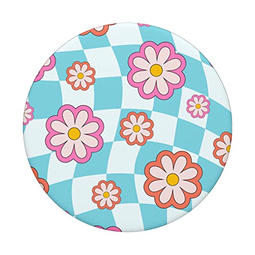 Retro Groovy Flower Hippie Daisy 60s Turquoise Checker PopSockets Swappable PopGrip