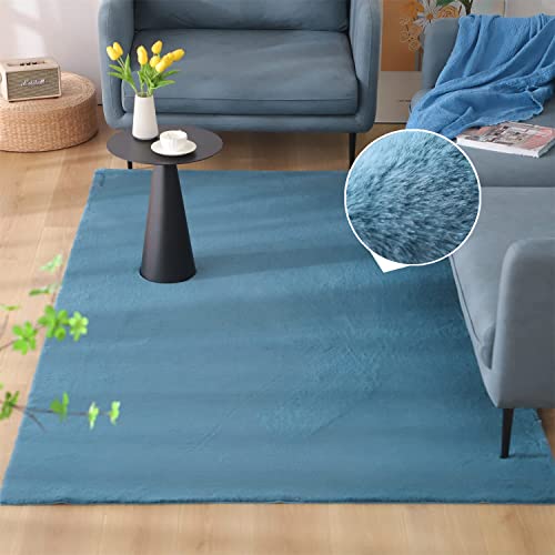 KASENTEX Fluffy Faux Fur Soft Area Rugs for Bedroom Living Room Carpet, Home Fuzzy Plush Rug for Dorm, Anti-Slip Rug, 4 x 6 Feet, Blue