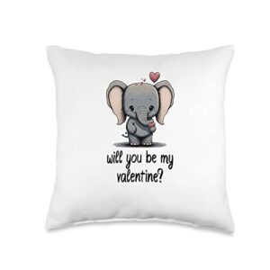 will you be my valentine clothing valentines day sweet litte elephant throw pillow, 16x16, multicolor