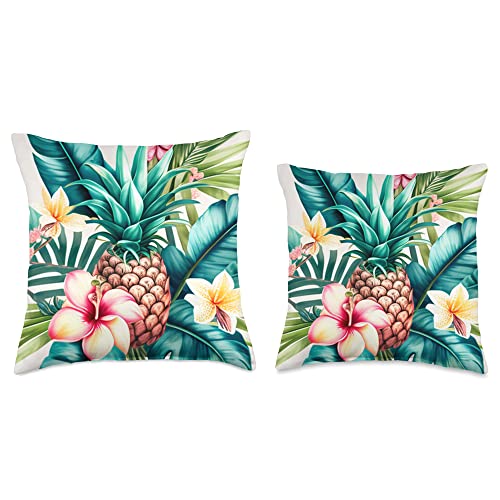 Hawaiian Beaches Hawaiian Polynesian Tropical Aesthetic Plumeria Pineapple Throw Pillow, 18x18, Multicolor