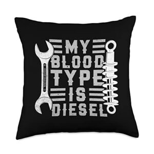 funny mechanic quotes my blood type is diesel mechanic throw pillow, 18x18, multicolor