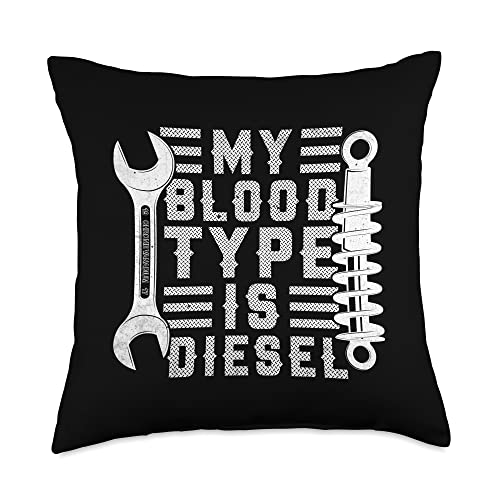 Funny Mechanic Quotes My Blood Type is Diesel Mechanic Throw Pillow, 18x18, Multicolor