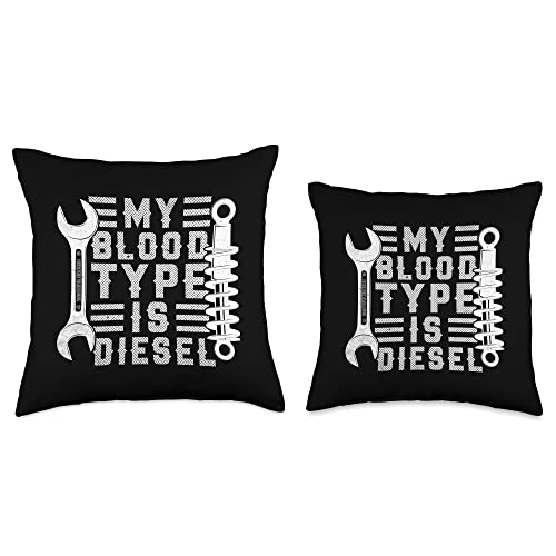 Funny Mechanic Quotes My Blood Type is Diesel Mechanic Throw Pillow, 18x18, Multicolor