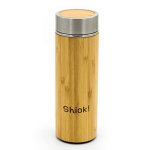 shiok! premium bamboo tea tumbler with strainer. 17 oz capacity stainless steel thermos. durable double walled vacuum insulated travel mug with filter. keeps hot & cold up to 12hrs