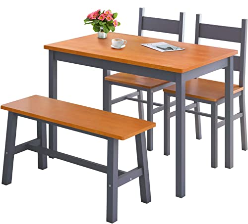 Alohappy Dining Table Set for 4, Solid Wood Kitchen Table with 2 Chairs and Bench, 4-Person Space-Saving Dinette Table for Kitchen, Dining Room, Sturdy Structure Easy Assembly