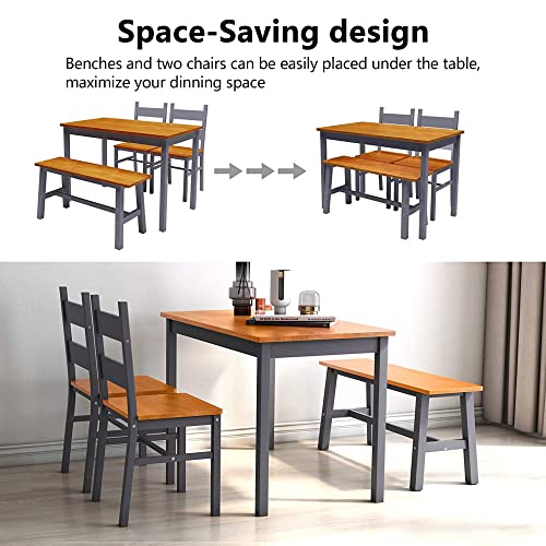 Alohappy Dining Table Set for 4, Solid Wood Kitchen Table with 2 Chairs and Bench, 4-Person Space-Saving Dinette Table for Kitchen, Dining Room, Sturdy Structure Easy Assembly