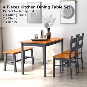 Alohappy Dining Table Set for 4, Solid Wood Kitchen Table with 2 Chairs and Bench, 4-Person Space-Saving Dinette Table for Kitchen, Dining Room, Sturdy Structure Easy Assembly