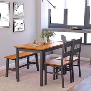 Alohappy Dining Table Set for 4, Solid Wood Kitchen Table with 2 Chairs and Bench, 4-Person Space-Saving Dinette Table for Kitchen, Dining Room, Sturdy Structure Easy Assembly