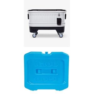 bundle of igloo 125 qt party bar rolling cooler with bottle opener and catch bins + igloo reusable ice packs for lunch boxes or coolers
