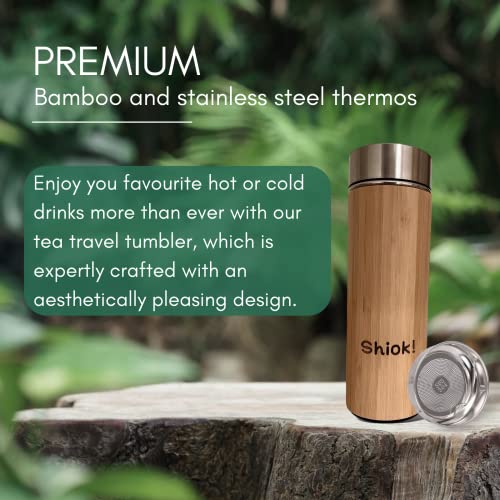 Shiok! Premium Bamboo Tea Tumbler with Strainer. 12 Oz Capacity Stainless Steel Thermos. Durable Double Walled Vacuum Insulated Travel Mug with filter- Keeps Hot & Cold up to 12hrs