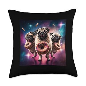 galaxy pug and dog designs space with donuts cute pug boys girls men women throw pillow, 18x18, multicolor