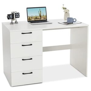 tangkula white desk with 4 storage drawers, home office writing desk, modern executive desk, laptop pc desk, vanity makeup table, computer workstation for bedroom, study room, office