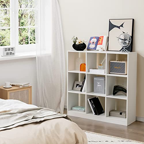 Giantex 9-Cube Bookcase White - 4-Tier Freestanding Open Bookshelf with Anti-Tipping Kit, Modern Floor Display Shelving, Wood Cube Storage Organizer for Living Room, Kid's Room, Bedroom