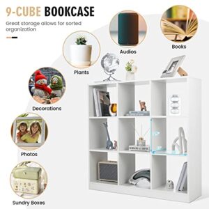 Giantex 9-Cube Bookcase White - 4-Tier Freestanding Open Bookshelf with Anti-Tipping Kit, Modern Floor Display Shelving, Wood Cube Storage Organizer for Living Room, Kid's Room, Bedroom